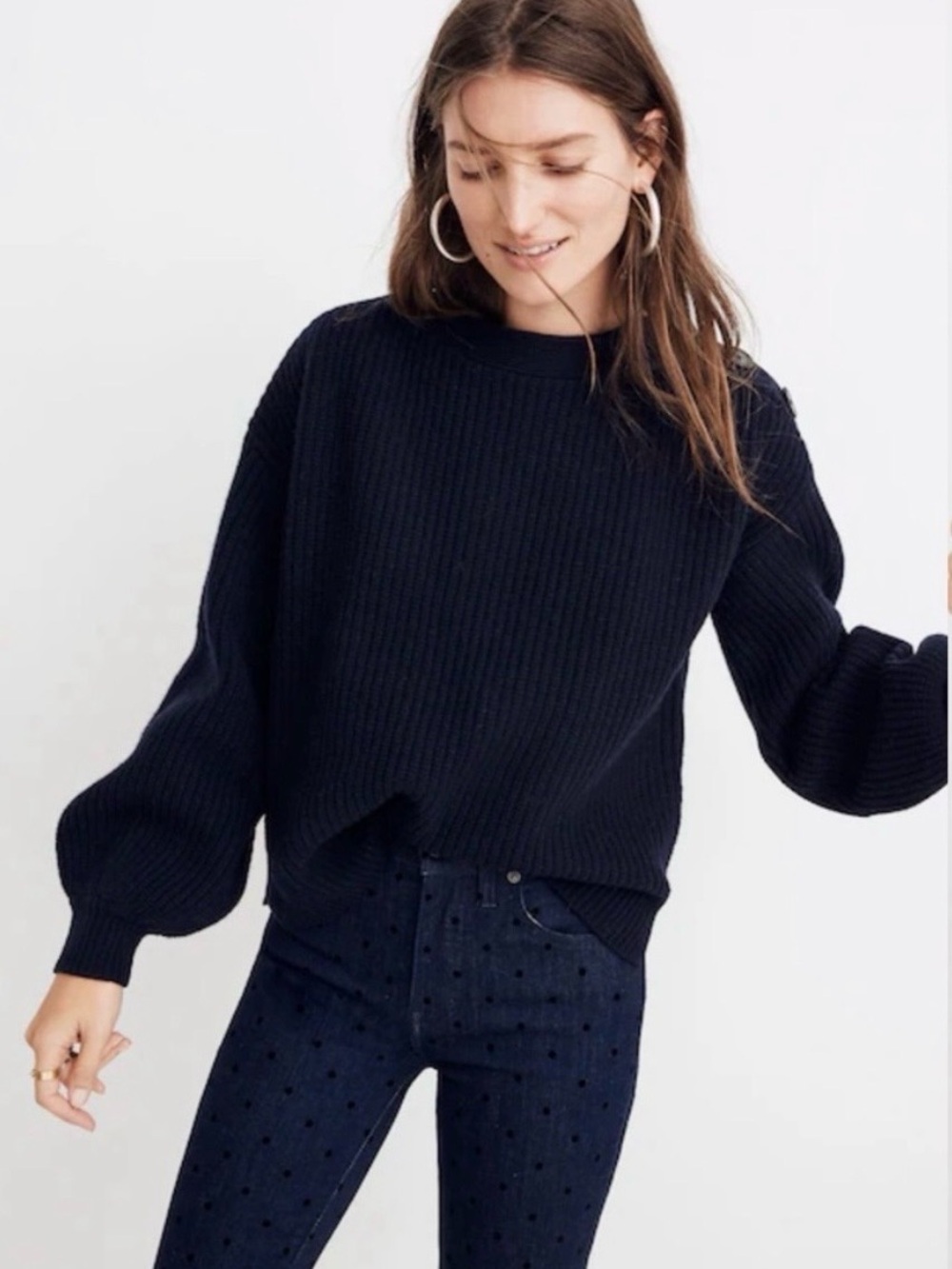 Madewell Navy Ribbed Crewneck with Balloon Sleeves